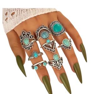 Antique Silver and Turquoise 8 Piece Ring Set